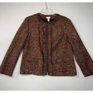 Chicos 1 Woven Jacket Cardigan Womens M Brown Orange Gold Textured Fringe Dressy